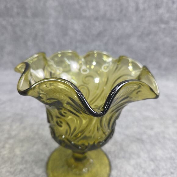 Imperial Atterbury Scroll Green Ruffled Glass Compote Olive Verde Candy Dish - Picture 9 of 13